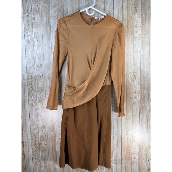 Vintage Carven Dress 40 Camel Faux Draped Two Textured Flare Skirt Keyhole Y2K - Picture 1 of 9